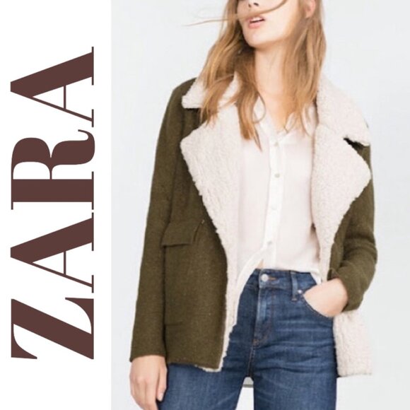 ZARA SHERPA KNIT SWEATER CARDIGAN JACKET OLIVE GREEN RELAXED OVERSIZED, MEDIUM - Picture 2 of 12